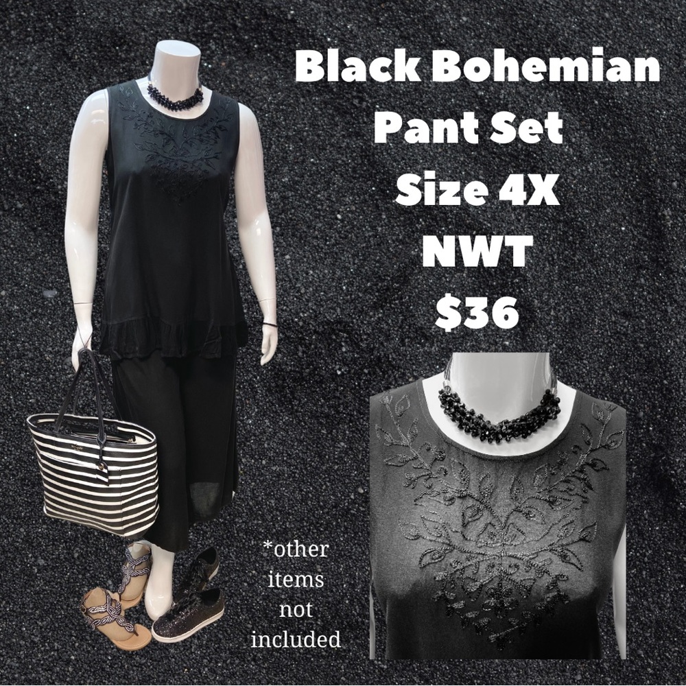 Women’s Plus Size Black Embroidered Bohemian Summer Pant Set